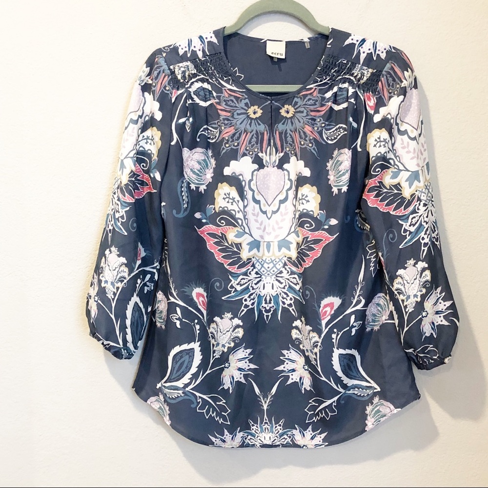 CeCe Navy Floral Print Peasant Blouse